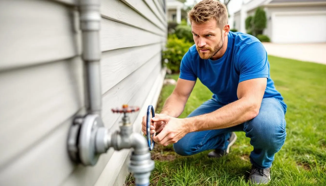 A homeowner is seen turning off the main shutoff valve outside their house to prevent water damage from potential leaks or burst pipes. This proactive measure is essential for avoiding further damage and addressing water intrusion promptly, which can lead to costly repairs and health risks from mold growth.