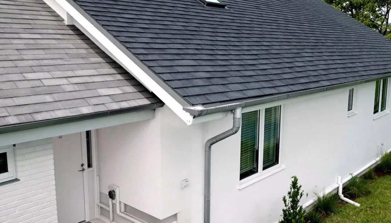 The image depicts a modern home featuring well-maintained gutters and a sturdy roof, with visible drainage systems around the foundation to prevent water damage. This setup helps mitigate risks such as mold growth and structural instability, ensuring the home's structural integrity and protecting against potential health hazards.