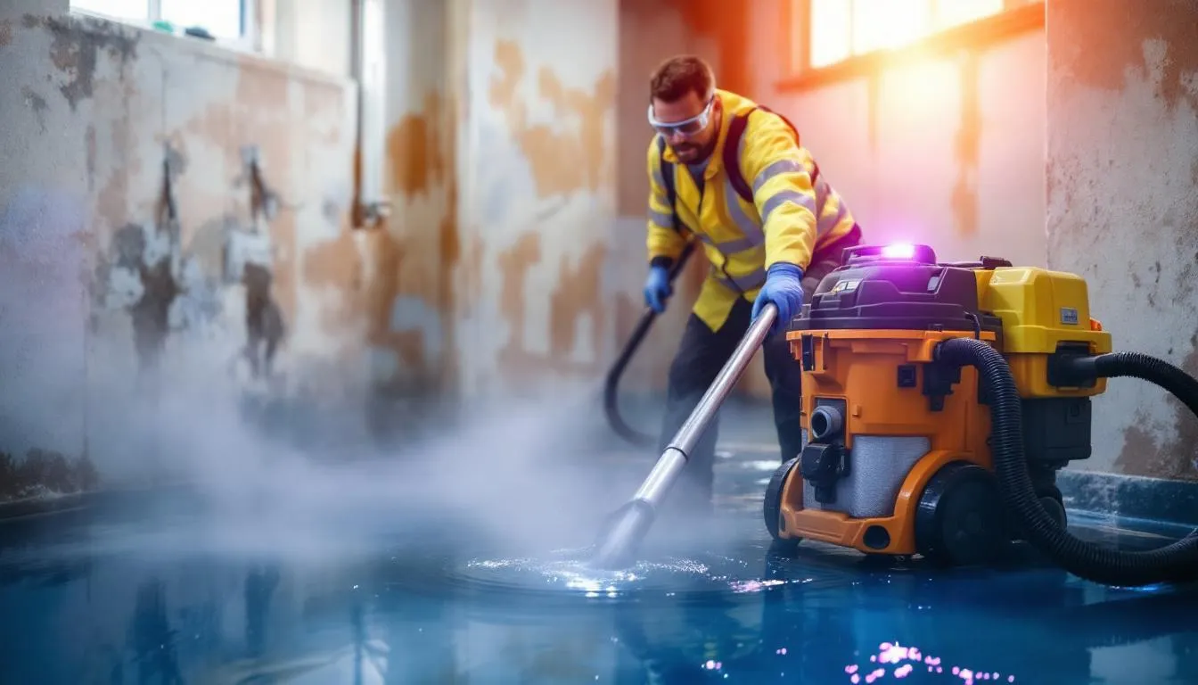 A flood specialist is seen using professional water extraction equipment to remove water from a flooded basement, showcasing their expertise in water damage restoration and disaster recovery. The image highlights the importance of timely services to mitigate costly damage to properties and assist homeowners in restoring their spaces after flooding events.