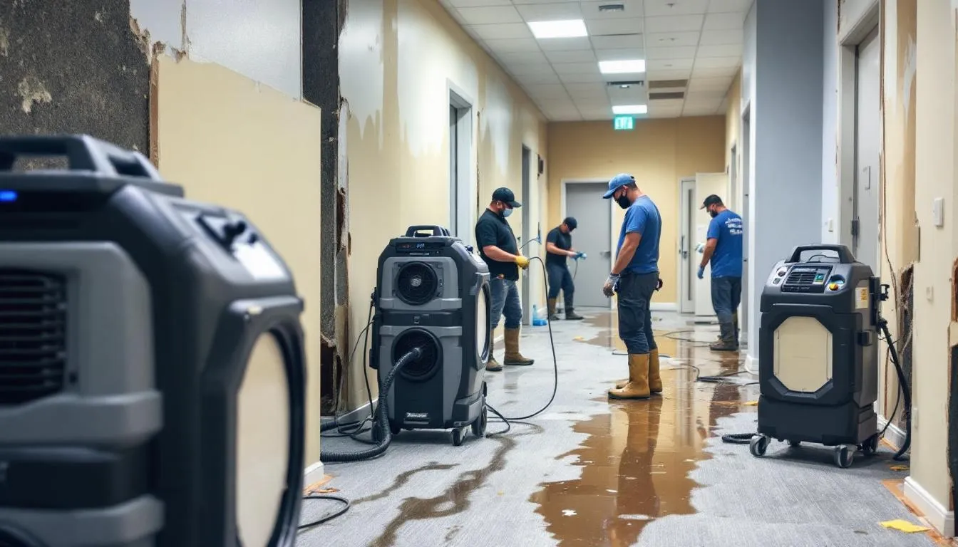 A professional flood restoration team is actively engaged in structural drying within a commercial building, using advanced technologies and equipment to mitigate water damage. The team, consisting of flood specialists, works diligently to restore the property and assist clients in the disaster recovery process.