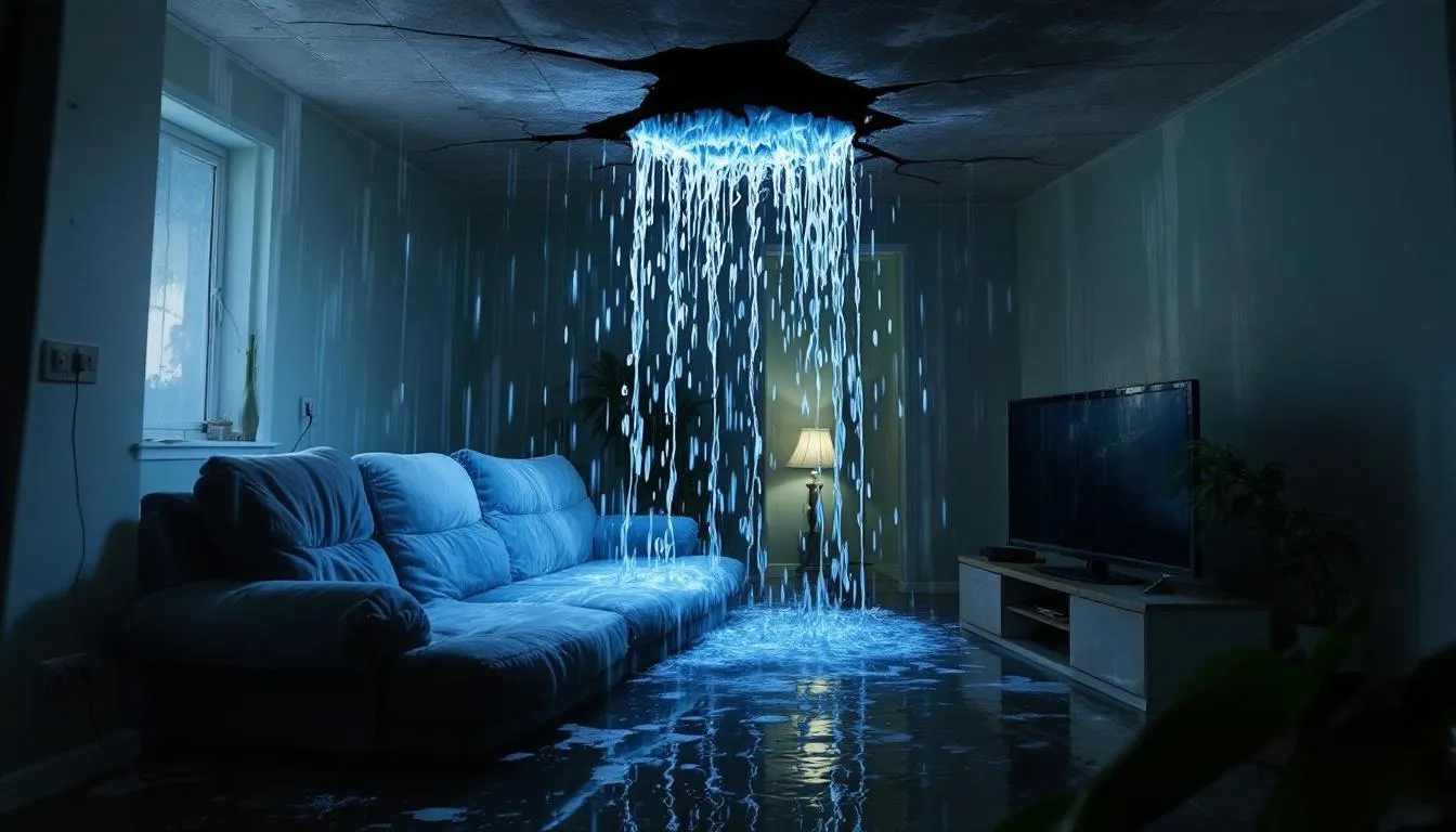 The image depicts a living room with water flooding through the ceiling, causing significant damage to the furniture and visible electrical outlets. This scene highlights the risks of water intrusion and the potential health hazards associated with prolonged exposure to excess moisture, which can lead to mold growth and structural damage.